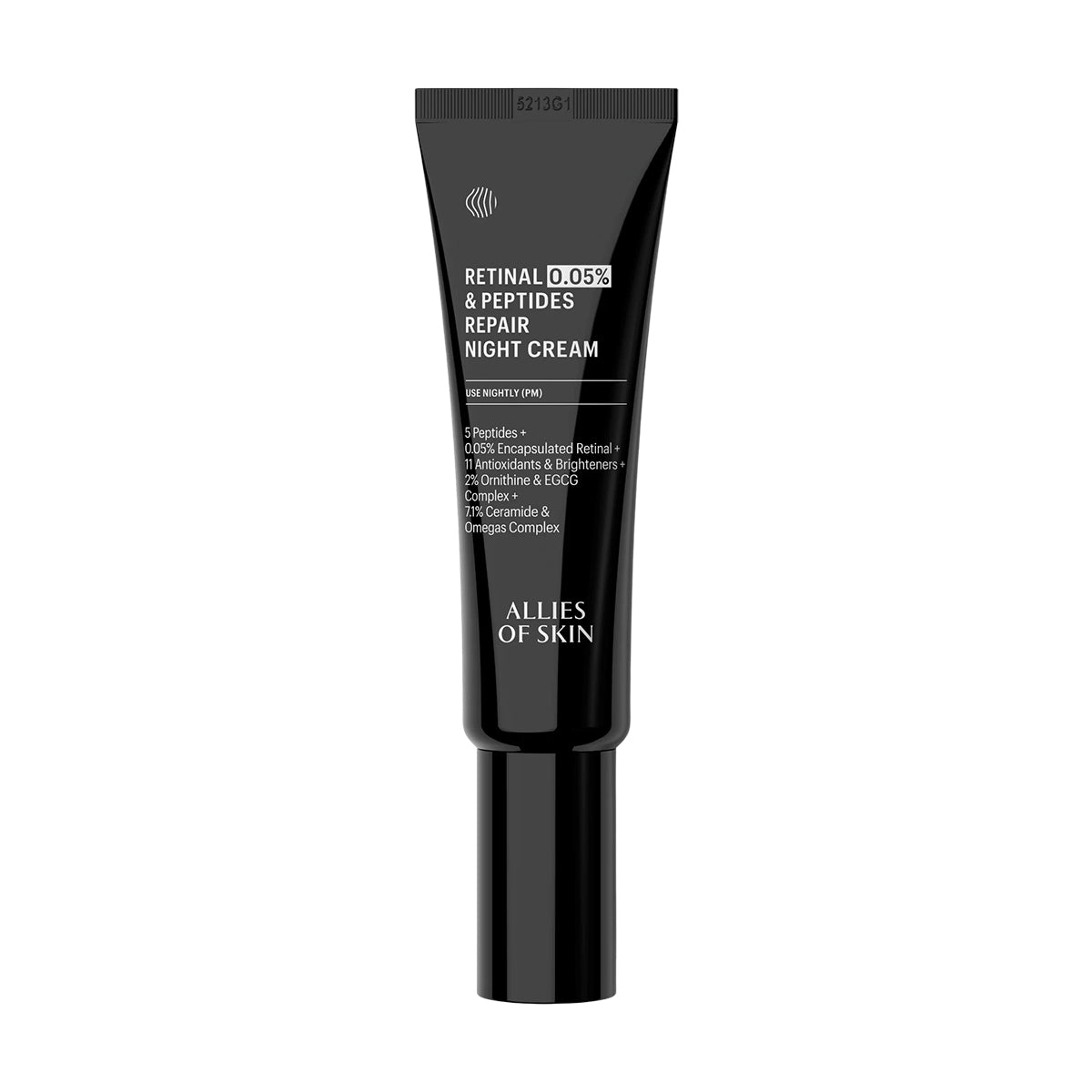Black tube of Allies of Skin Retinol & Peptides Repair Night Cream on a white background