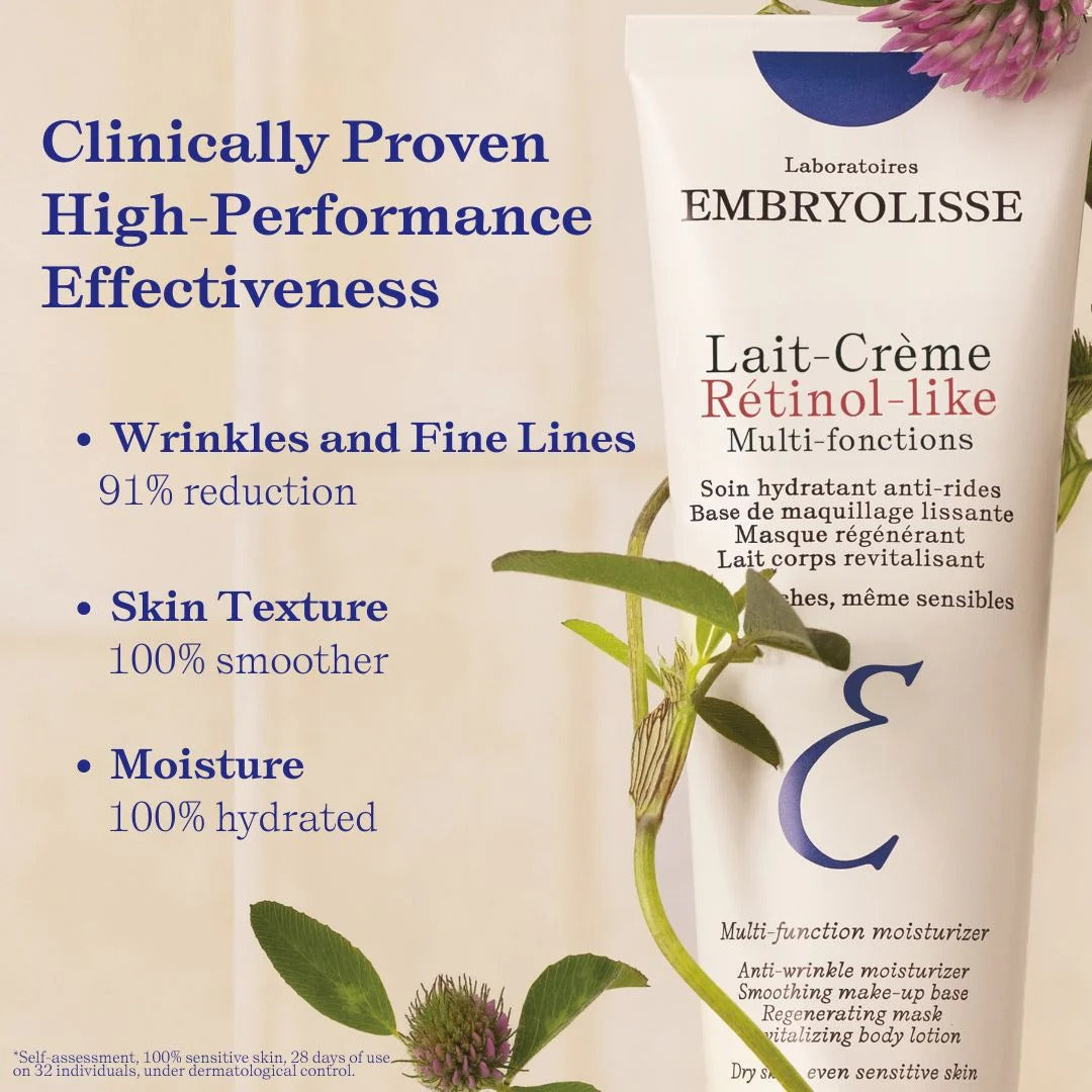 Embryolisse Lait-Creme Retinol-Like moisturizer next to text about the clinical results and surrounded by flowers.