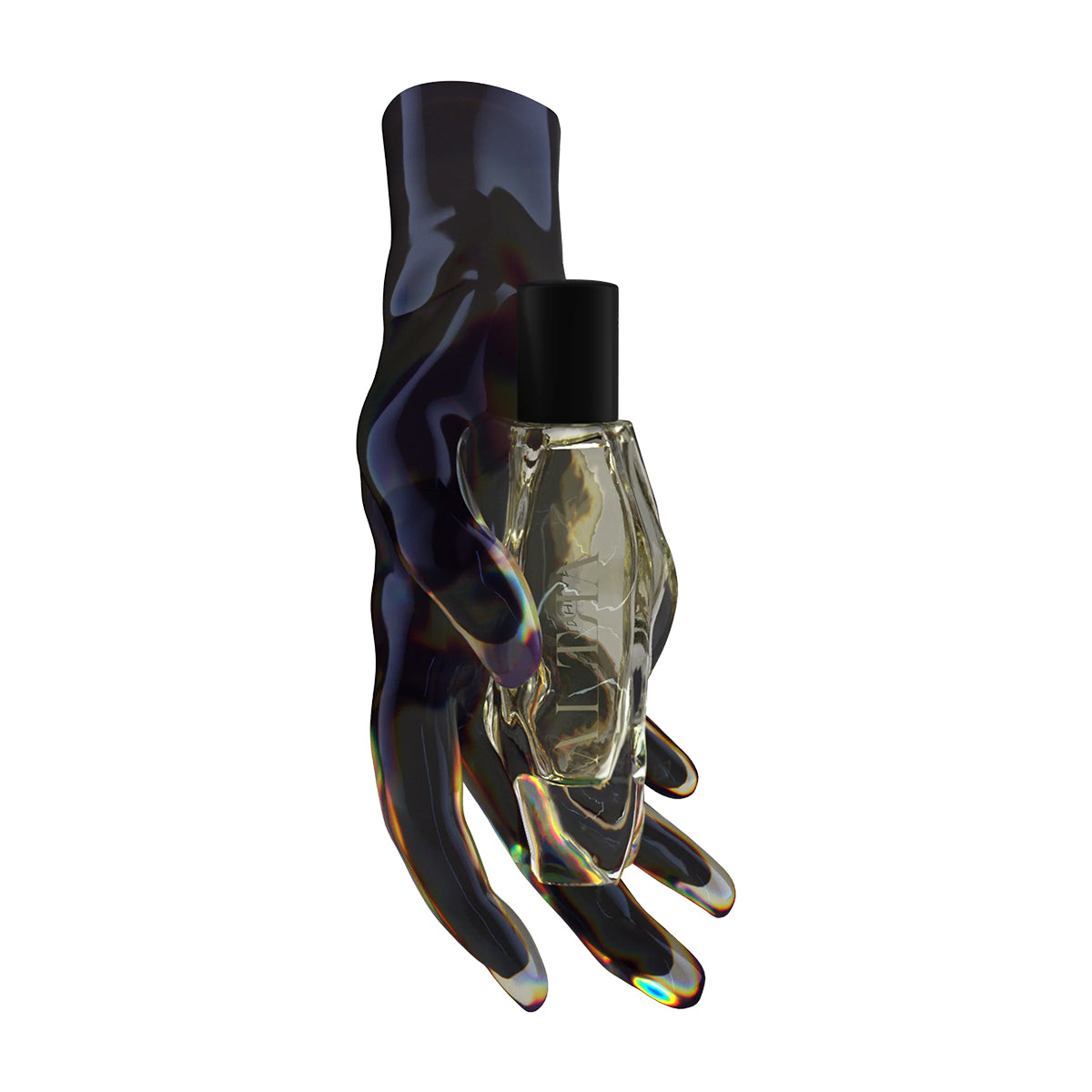 Hand-shaped perfume bottle with a black cap on a white background