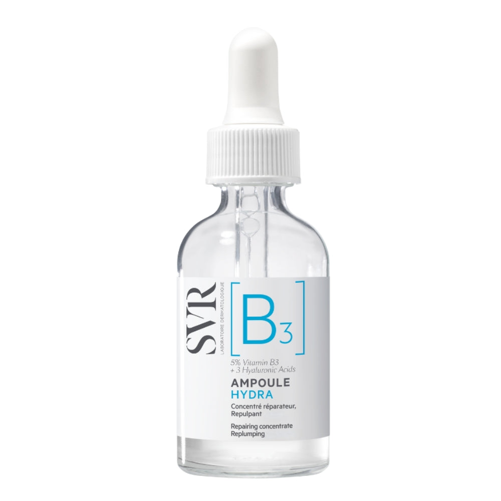 Clear SVR B3 Repairing Concentrate face serum bottle with white cap on a white background