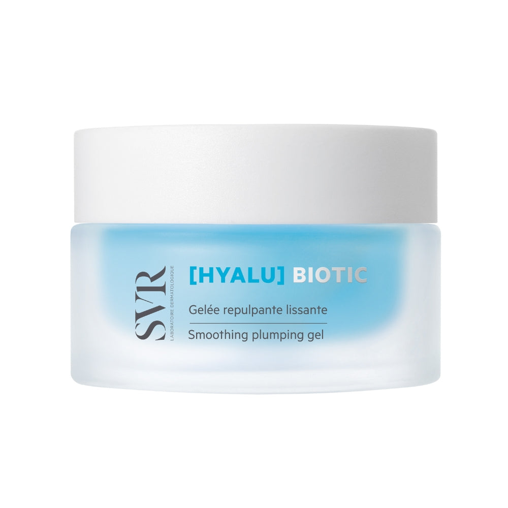 Jar of SVR Hyalu Biotic smoothing plumping gel on a white background