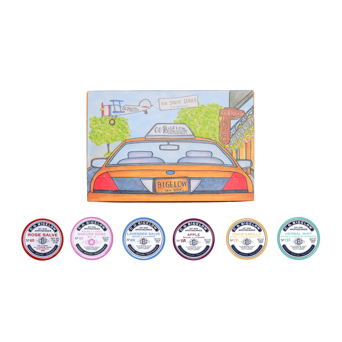 Collection of Bigelow salve tins with a box featuring a taxi illustration on a white background.
