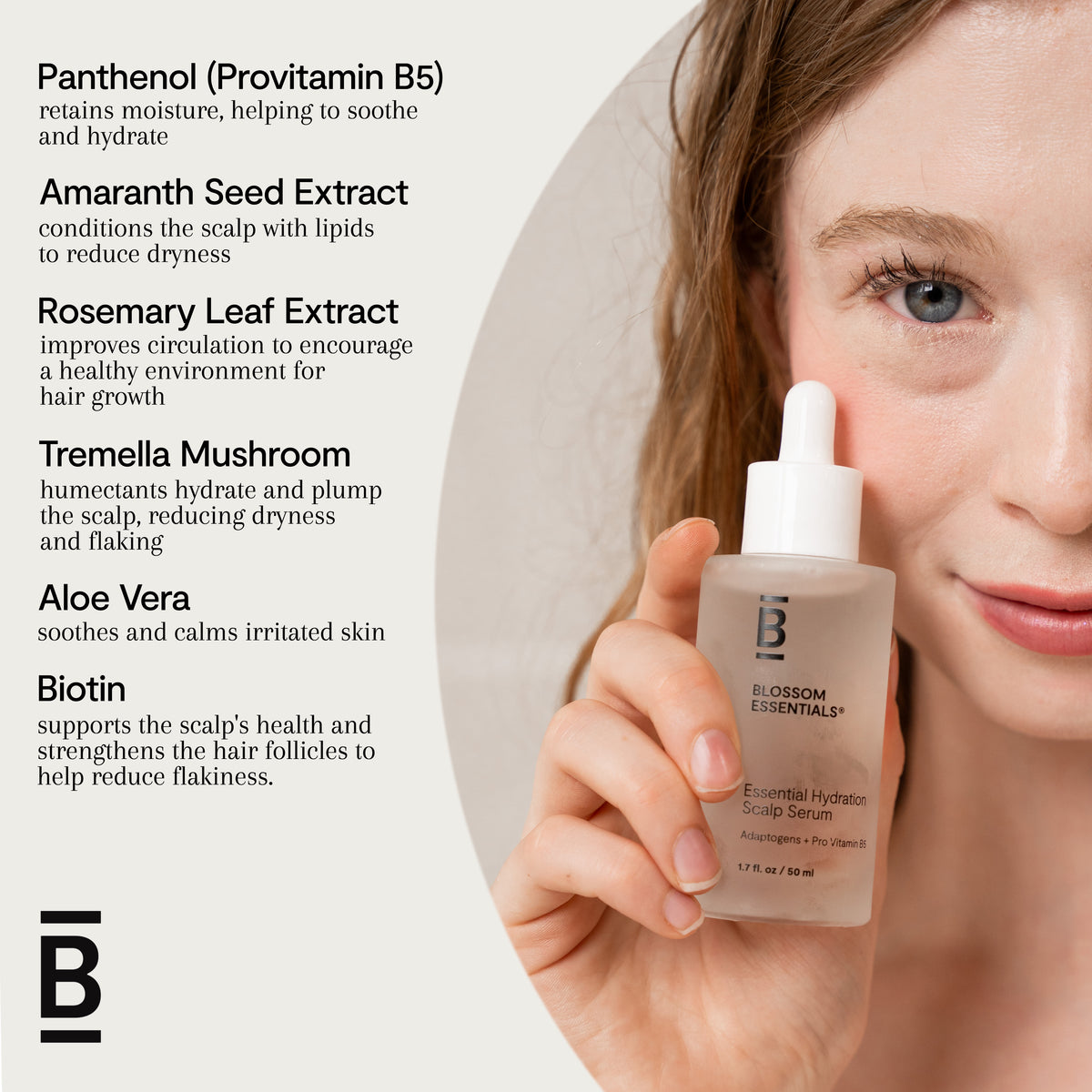 Woman holding a skincare serum bottle with product details on a white background