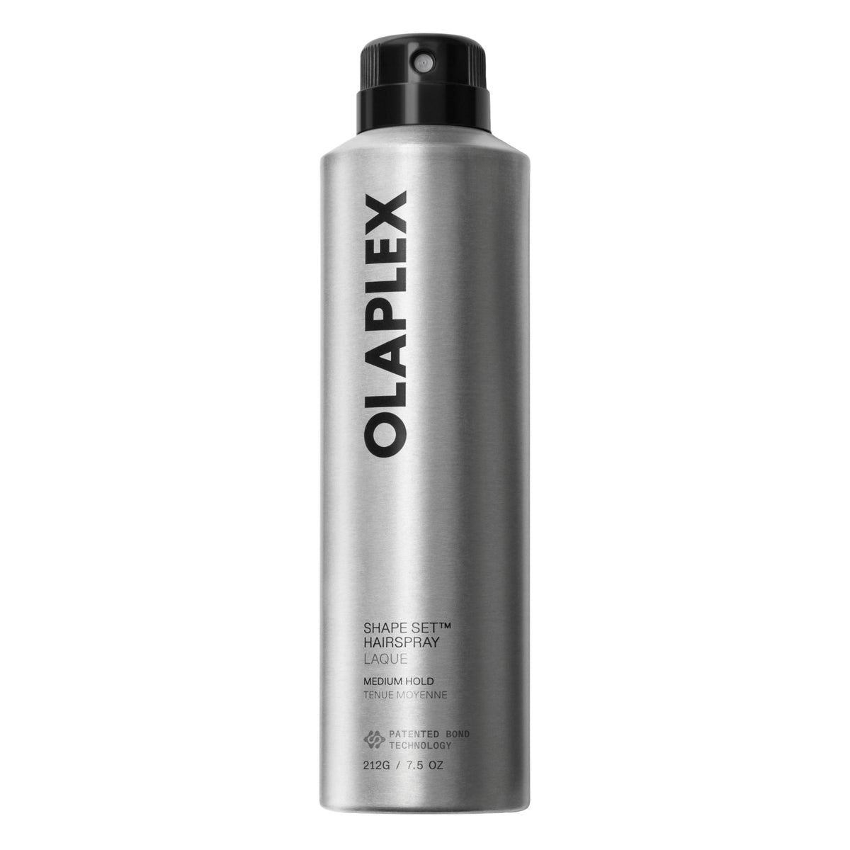 A silver aerosol can of Olaplex Shape Set Hairspray Medium Hold, featuring a black spray nozzle and black text, centered on a plain white background.