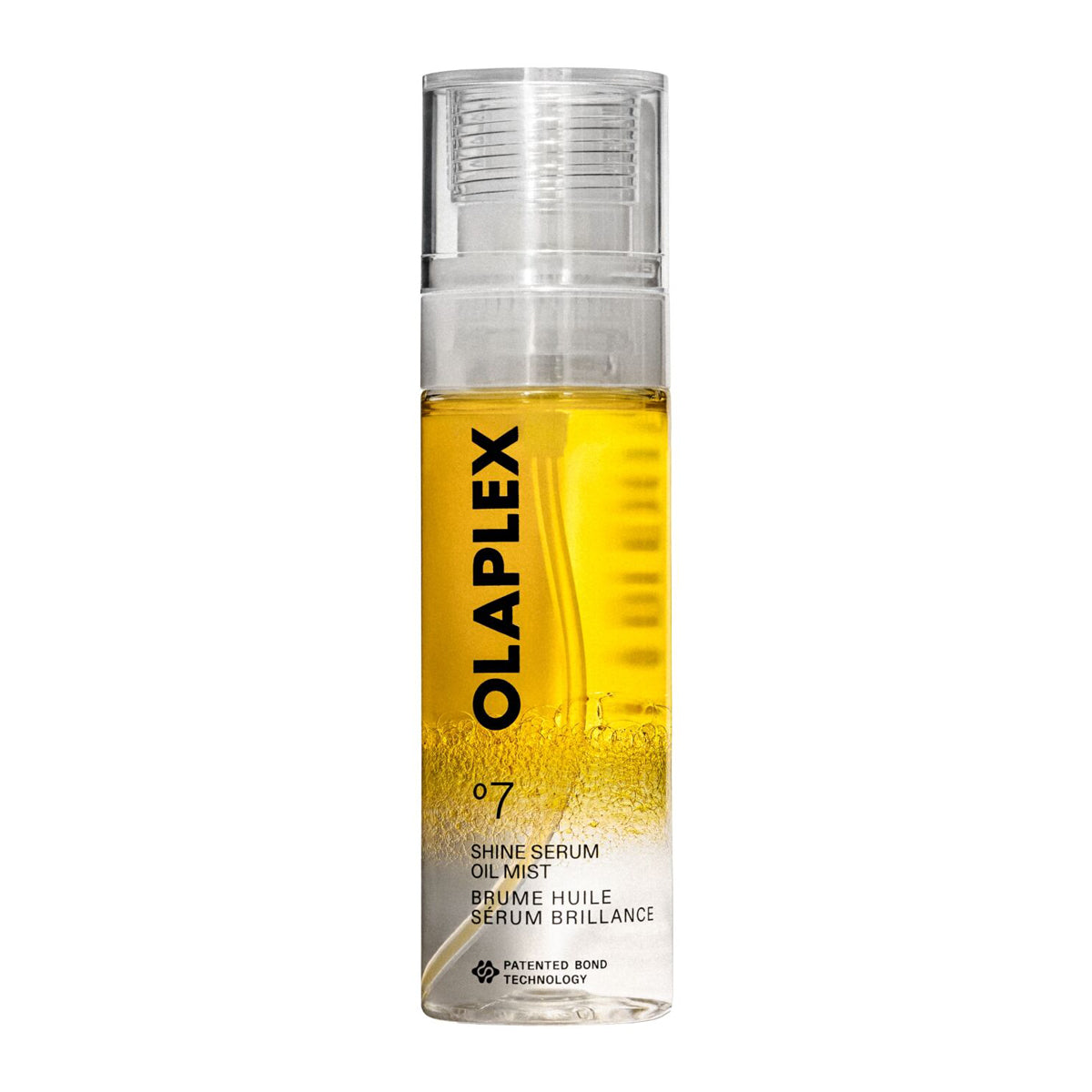 Olaplex No. 7 Shine Serum Oil Mist bottle, featuring a clear cylindrical container filled with golden yellow oil and topped with a clear ribbed cap, on a solid white background.