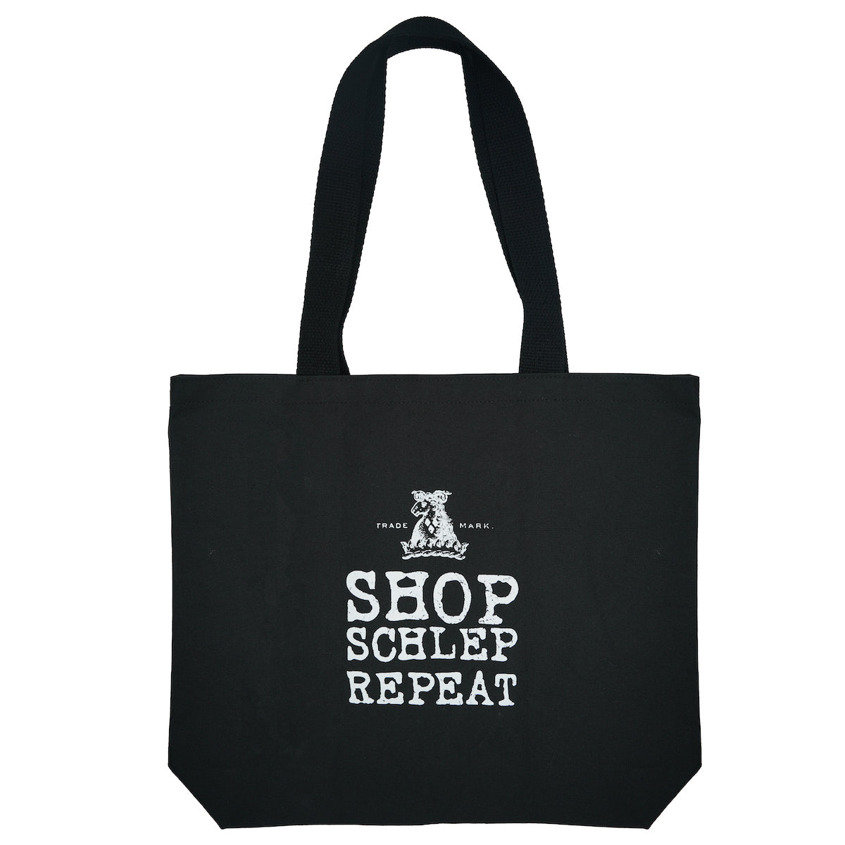 Black tote bag with white text and logo on a white background