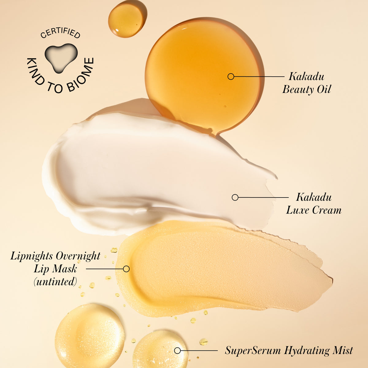 RMS Kakadu Beauty Oil, Kakadu Luxe Cream, Lipnights overnight lip mask, Super Serum Hydrating Mist product shots 