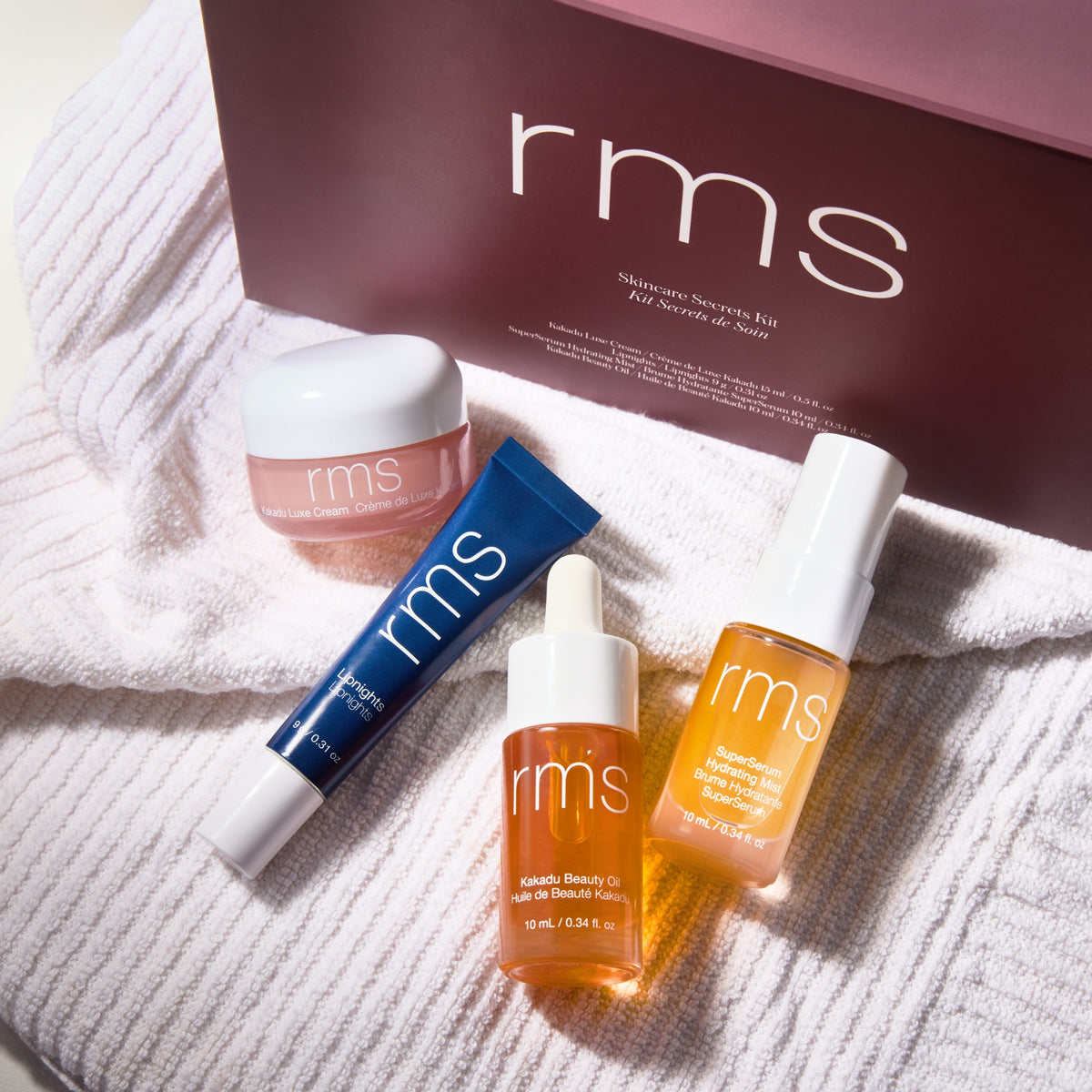 RMS Skincare Secrets Kit alongside Kakadu Beauty Oil, Super Serum Hydrating mist, Kakadu Luxe Cream, Overnight Lip mask 