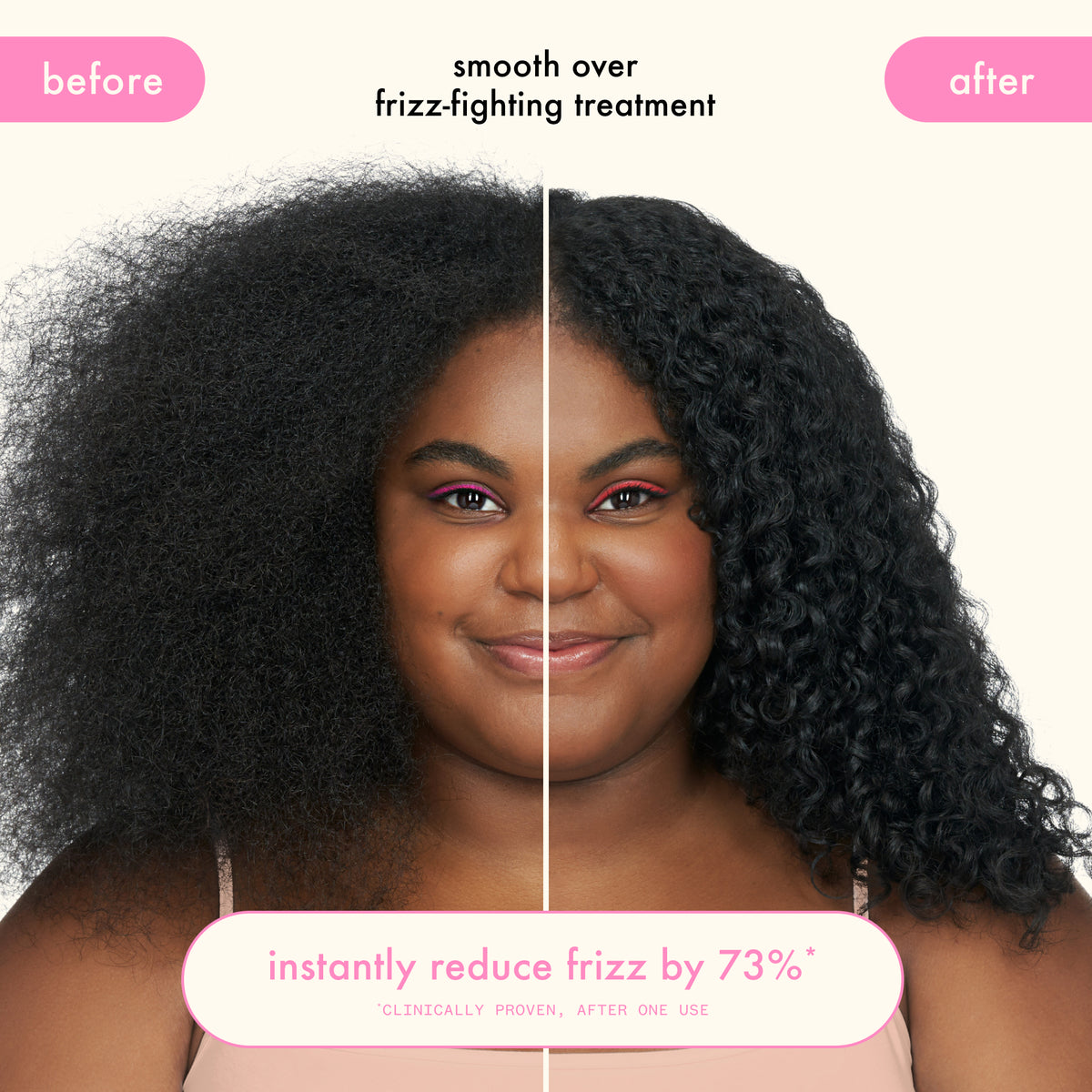 Before and after comparison of a Amika Smooth Over hair treatment on curly hair with text indicating reduction in frizz.