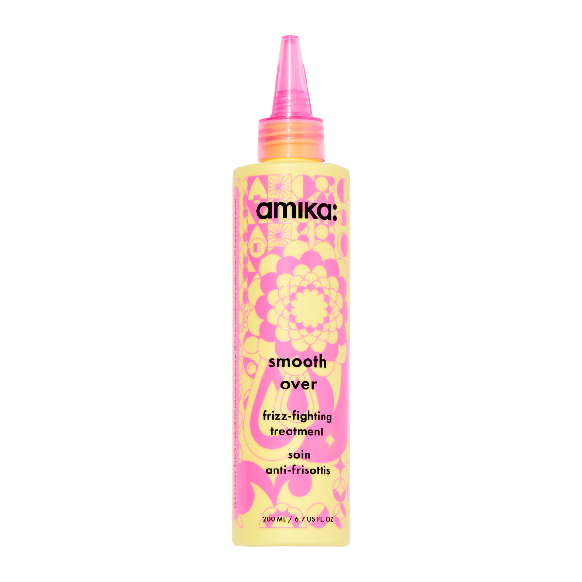 Amika smooth over frizz-fighting treatment bottle with pink cap on a white background