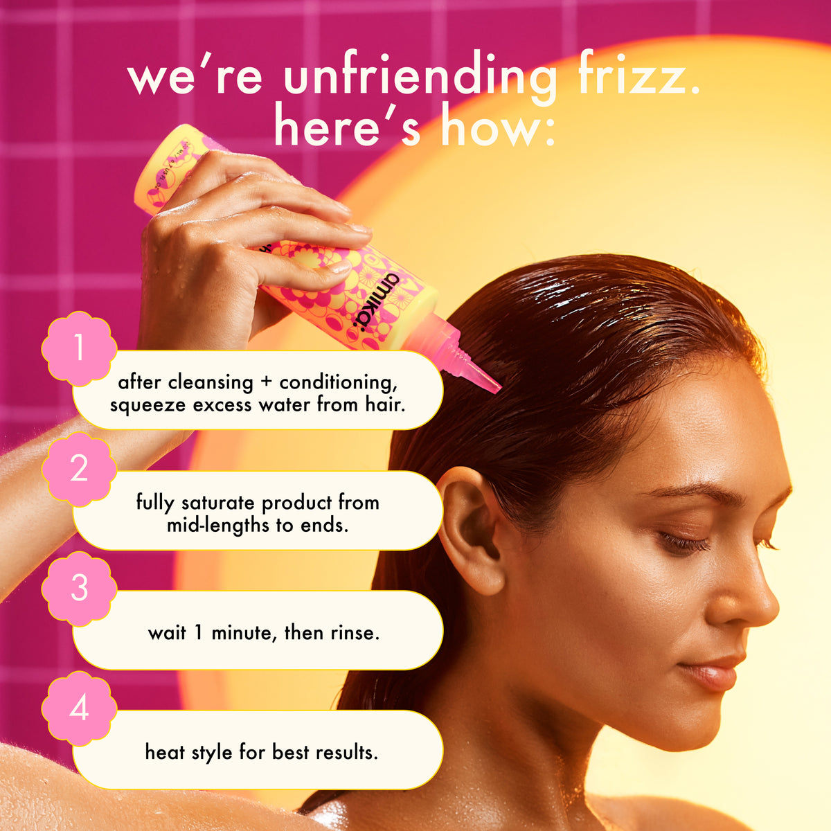 Woman applying Amika Smooth Over  hair product with text on a pink and yellow gradient background