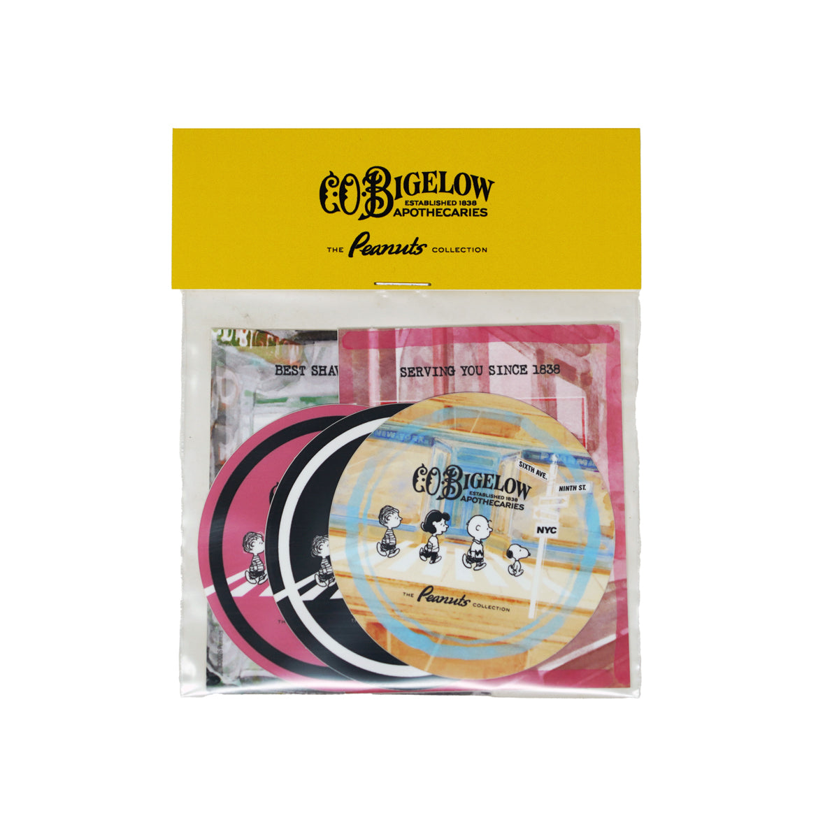 Stickers packaged in a yellow Peanuts x CO Bigelow Packaging 