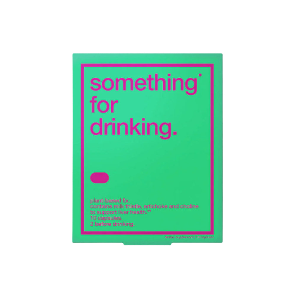 A green and pink package of 'something for drinking' containing dietary supplements for liver health.