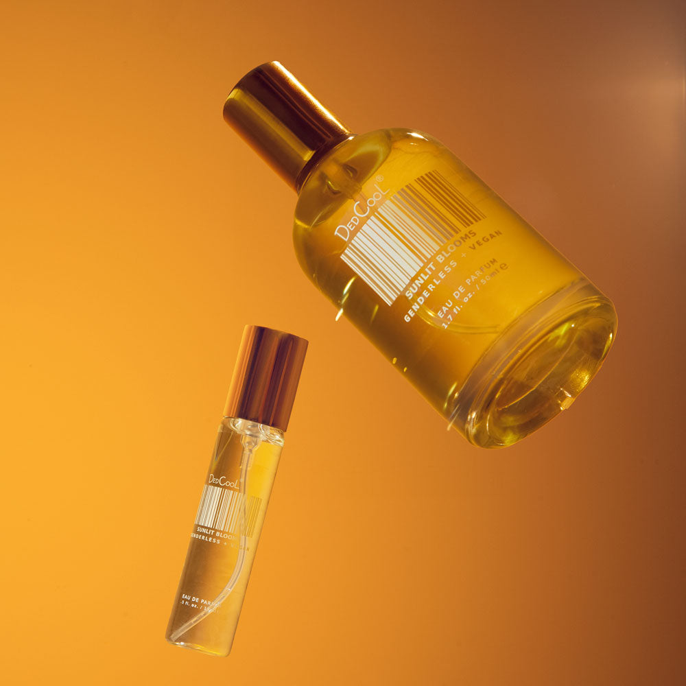 Sunlit Blooms EDP Travel and full size on an orange background.