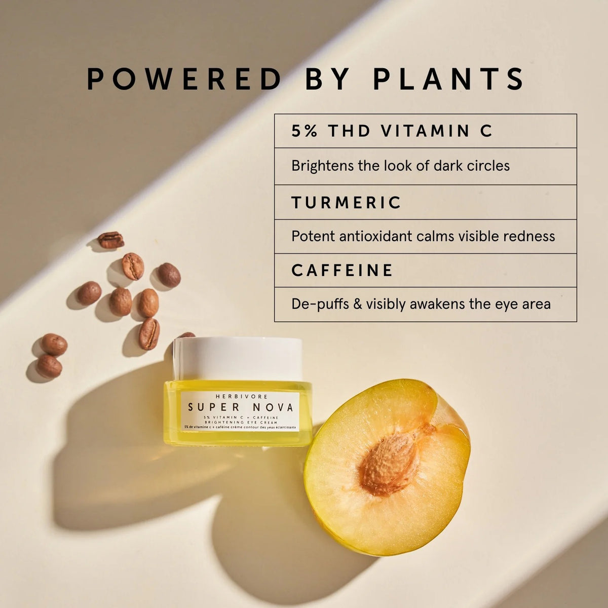 Herbivore Super Nuva eye cream with ingredients on a beige background