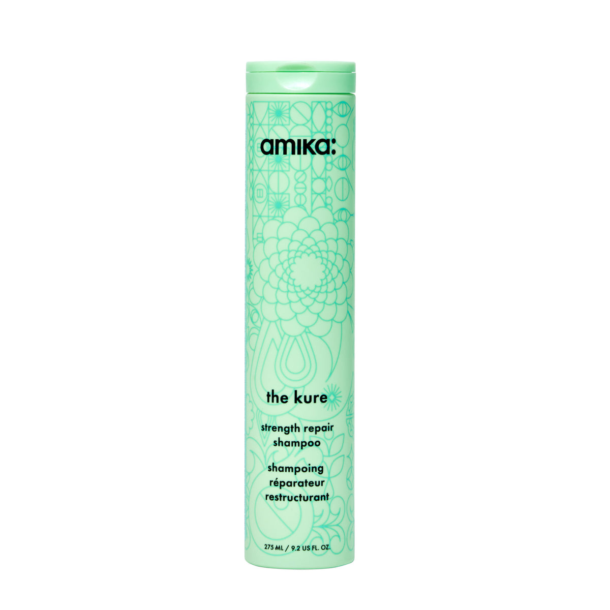 Amika The Kure shampoo bottle with green design on a white background