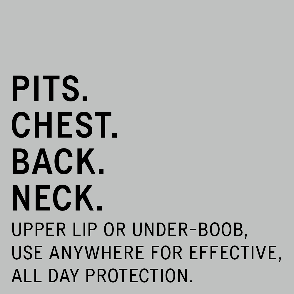Black text on a gray background that reads: "Pits. Chest. Back. Neck. Upper lip or under-boob, use anywhere for effective, all day protection."
