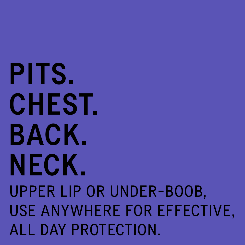 Black text on a dark purple background that reads: "Pits. Chest. Back. Neck. Upper lip or under-boob, use anywhere for effective, all day protection."