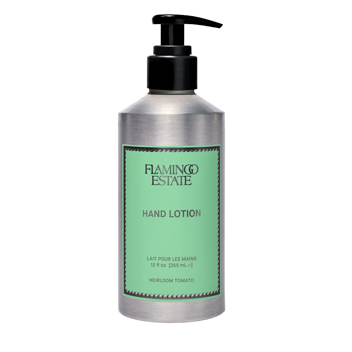 A silver pump bottle of Flaming Estate Hand Lotion with a black pump and a light green label, set against a plain white background.