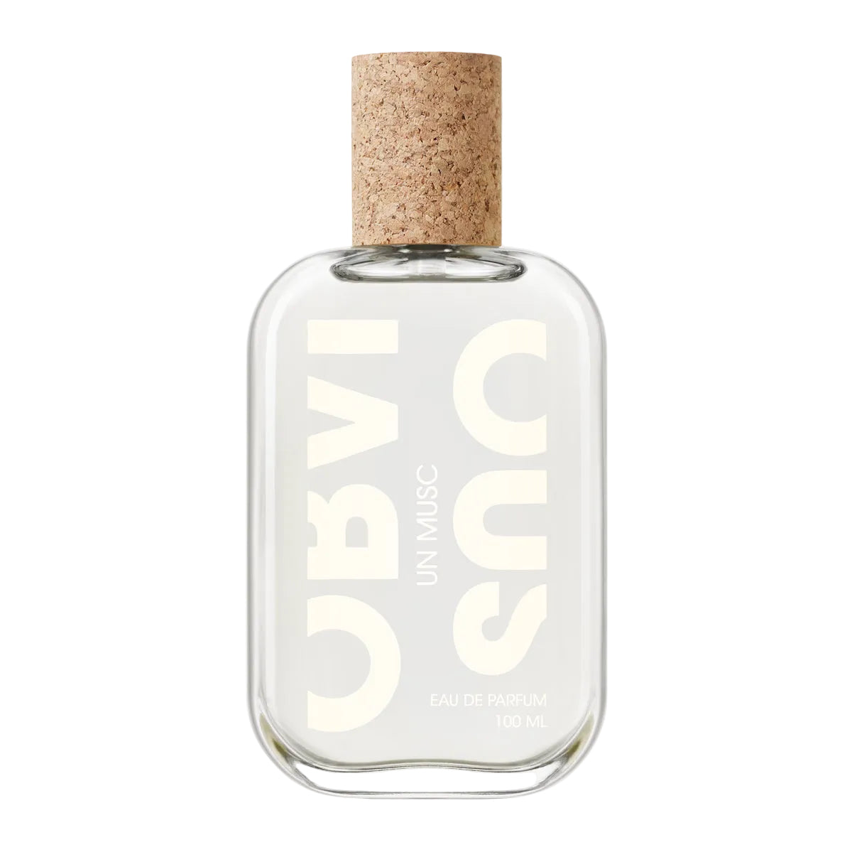 Clear glass perfume bottle with cork cap on a white background