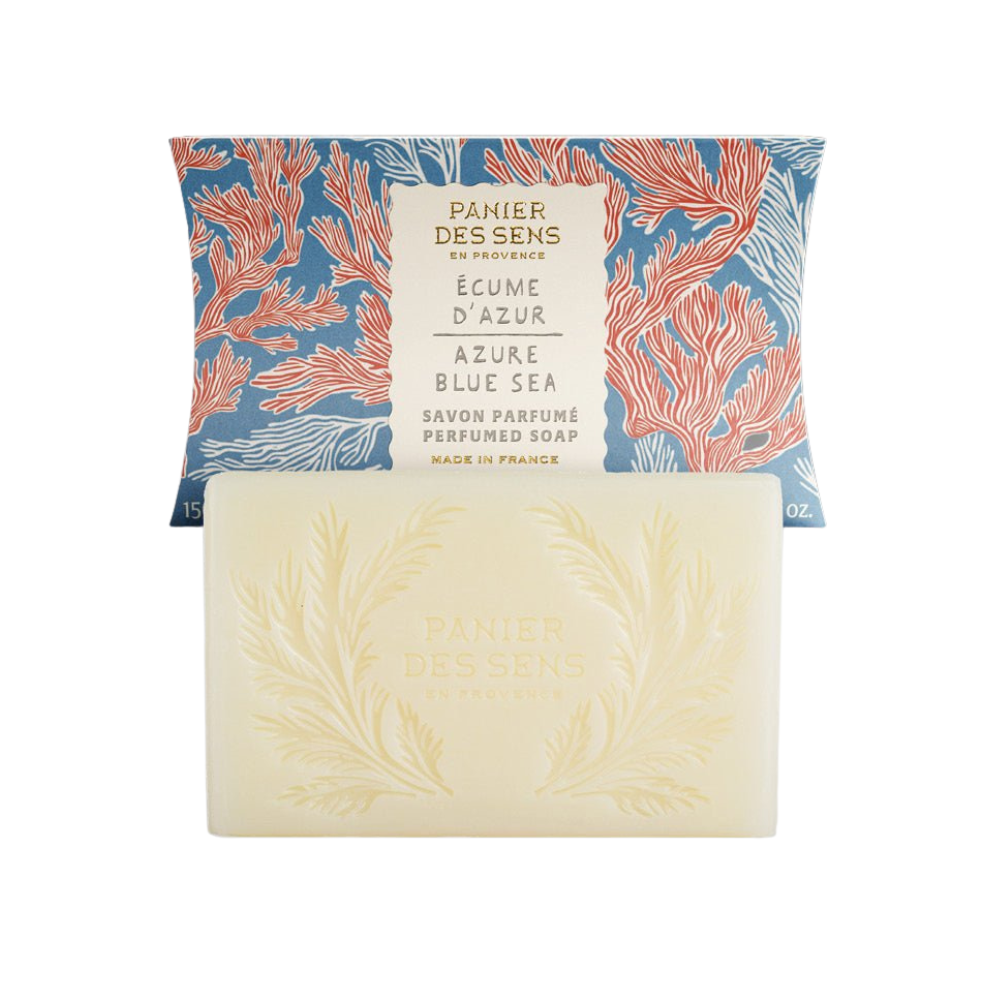 Azure Blue Sea Bar of soap with decorative packaging featuring coral design on a white background