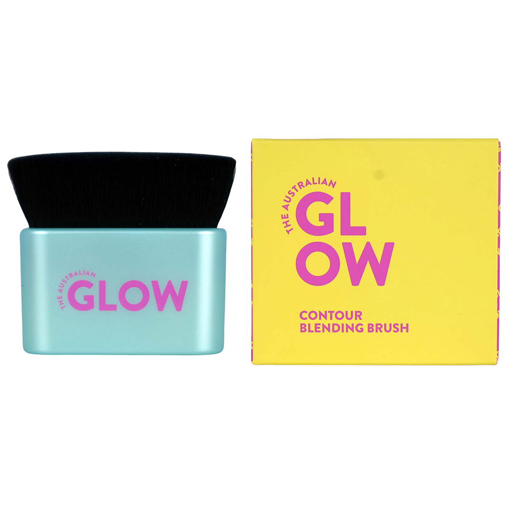 Contour blending brush with blue container and black bristle head, next to a yellow box labeled 'GLOW' on a white background.