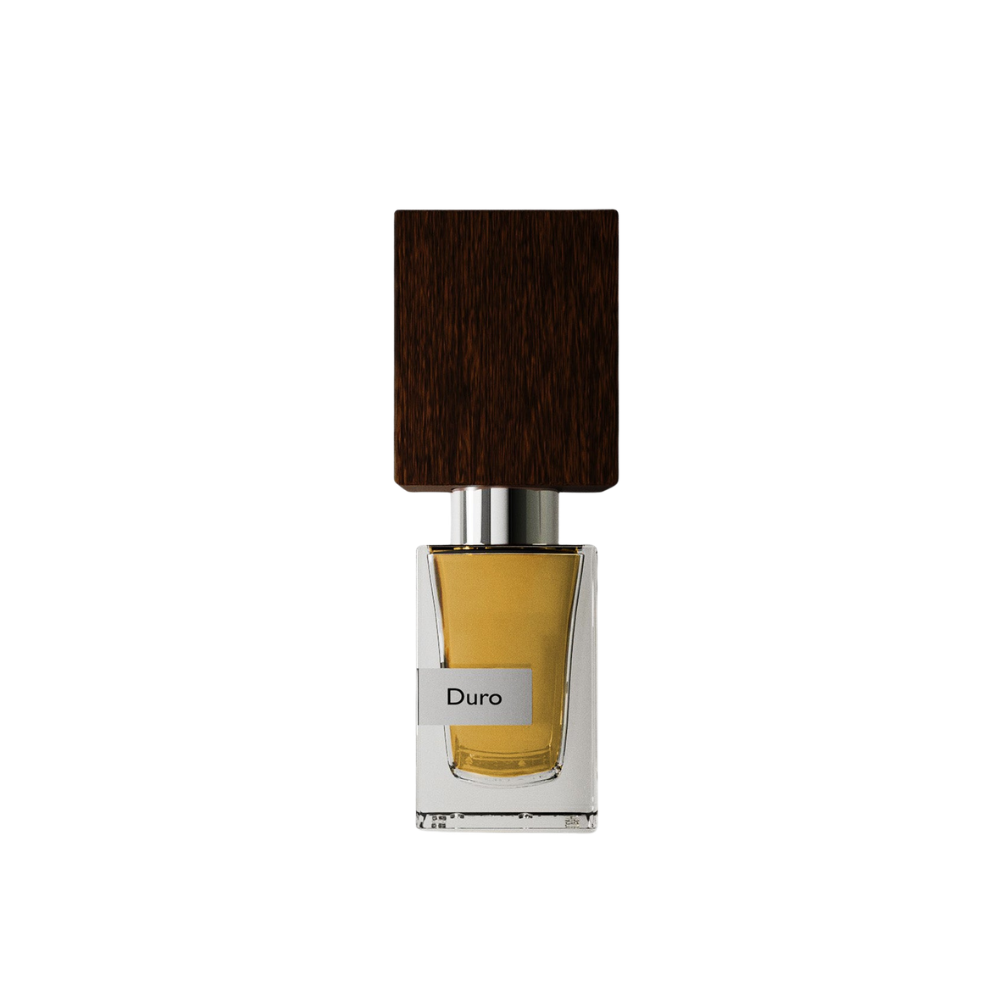 Perfume bottle labeled 'Duro' with a wooden cap on a white background