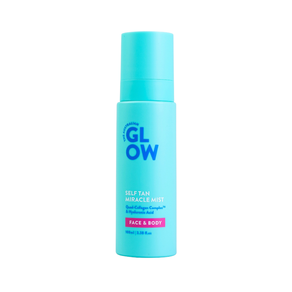 Blue bottle of 'GLOW' self-tan miracle mist on a white background