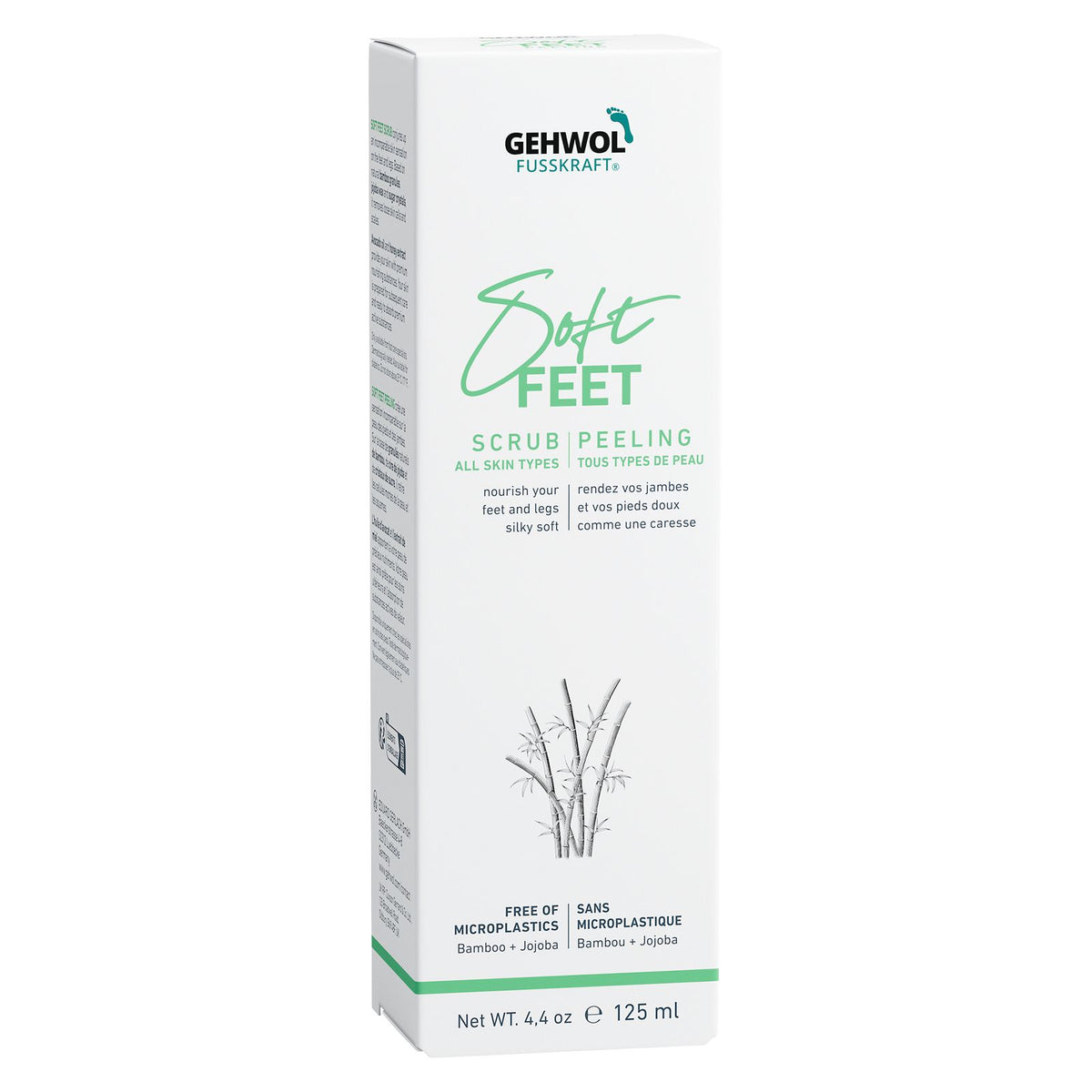 Packaging on Gehwol Fusskraft Soft Feet Scrub on a white background