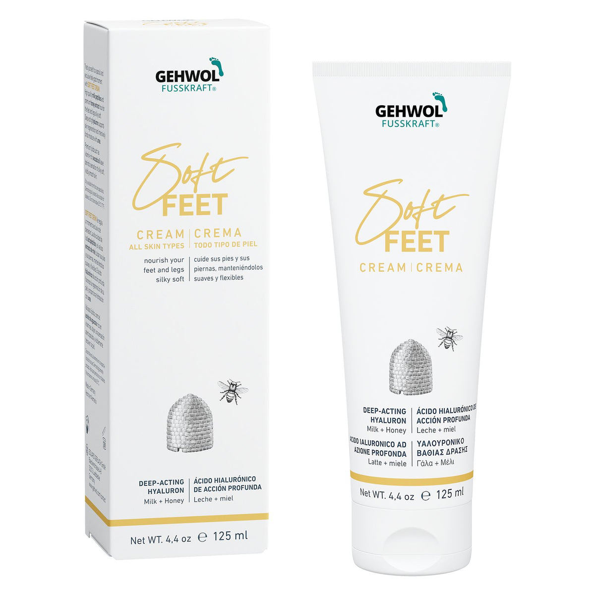 Soft Feet - Cream - 4.4oz next to its packaging