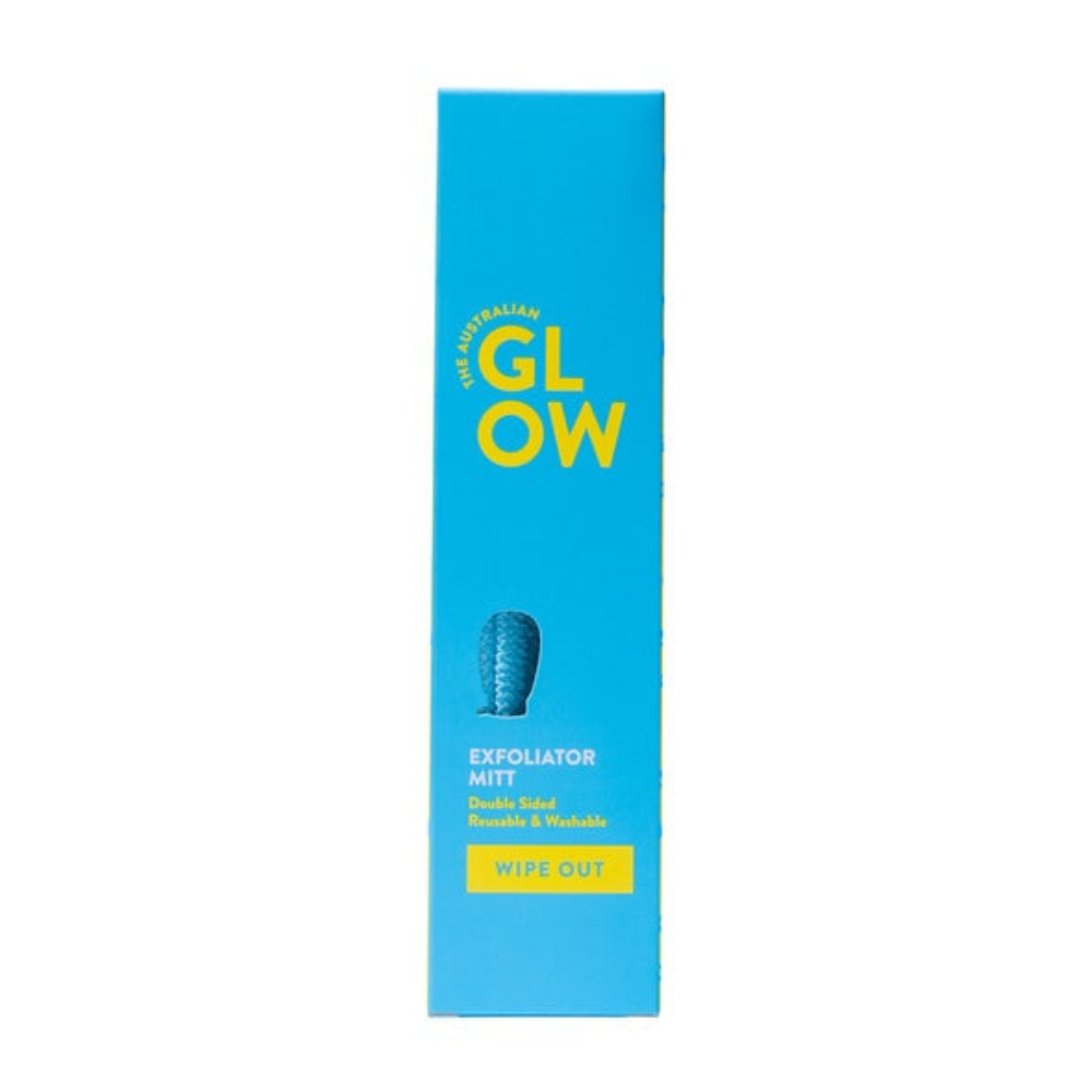 Blue packaging of an exfoliator mitt with 'GLOW' branding on a white background