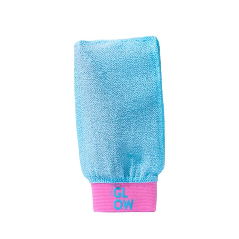 Blue exfoliating glove with pink base and 'GLOW' text on a white background