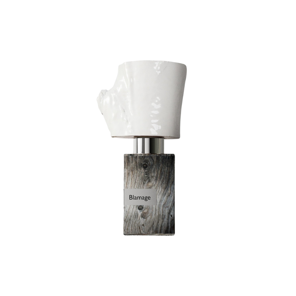 Perfume bottle with white top and wooden base on a white background
