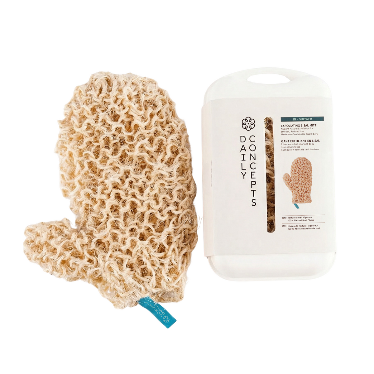 Daily Concepts Exfoliating Mitt next to product box.