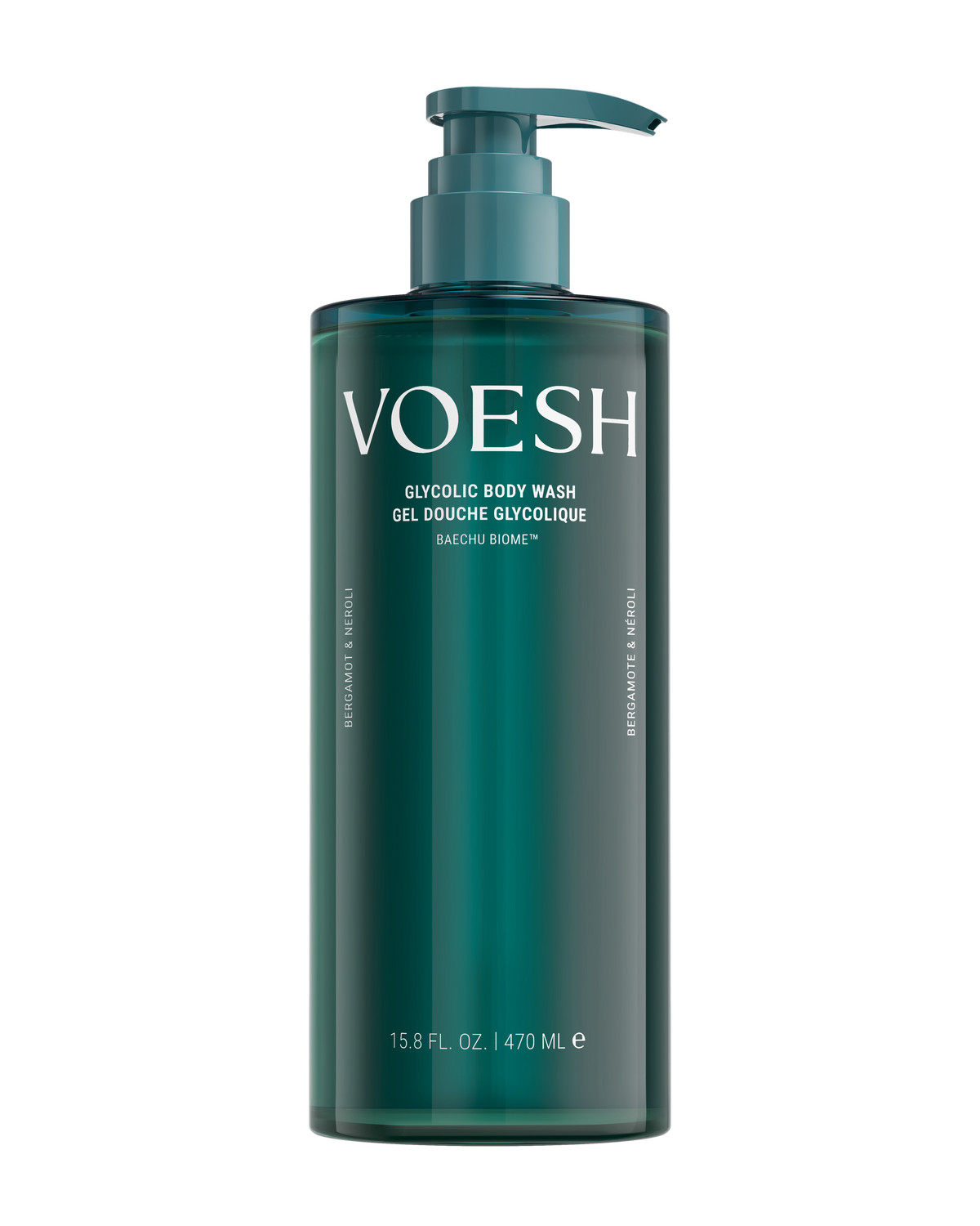 A tall dark teal bottle of VOESH Glycolic Body Wash with a matching pump dispenser, shown on a plain white background.