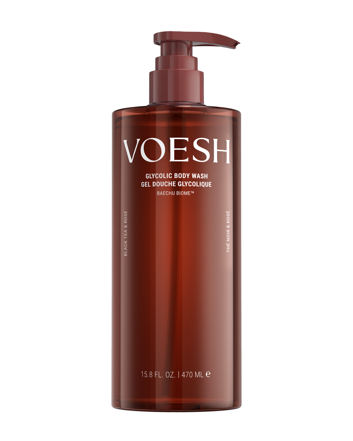 VOESH Glycolic Body Wash gel in a 15.8 fl. oz. amber-brown pump bottle with white text, shown on a solid white background.