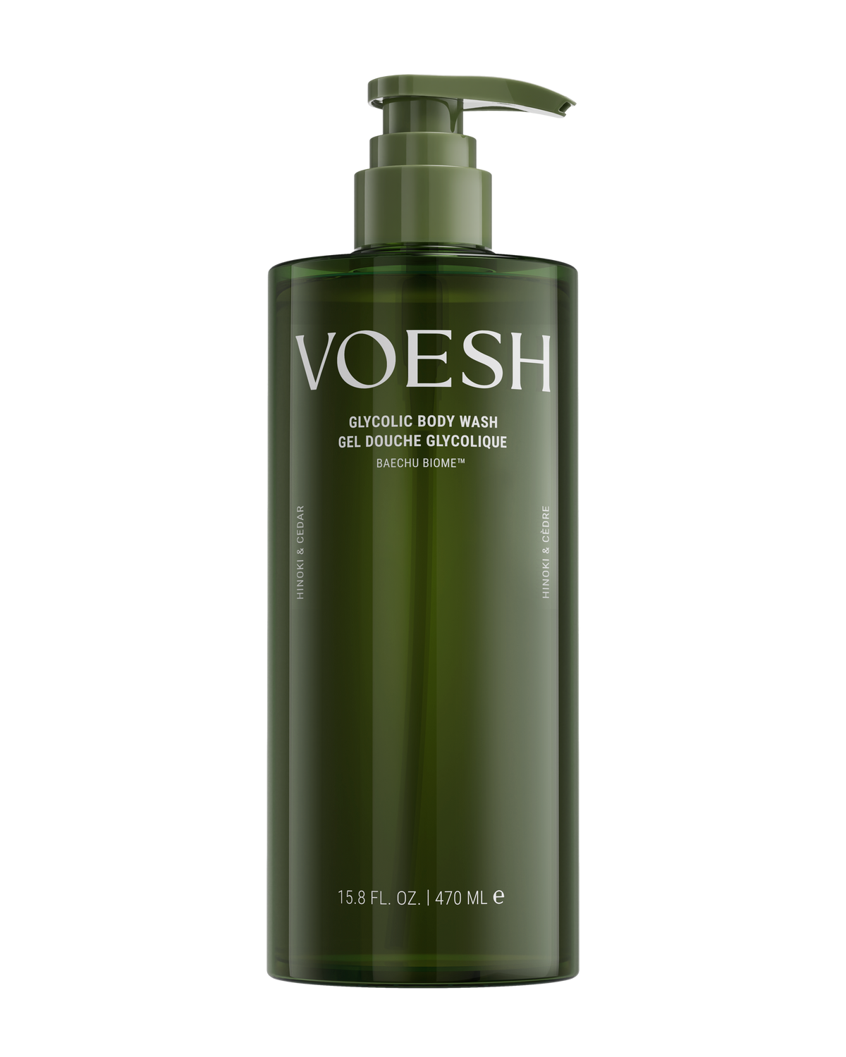 Bottle of VOESH Glycolic Body Wash - Hinoki & Cedar on a white background