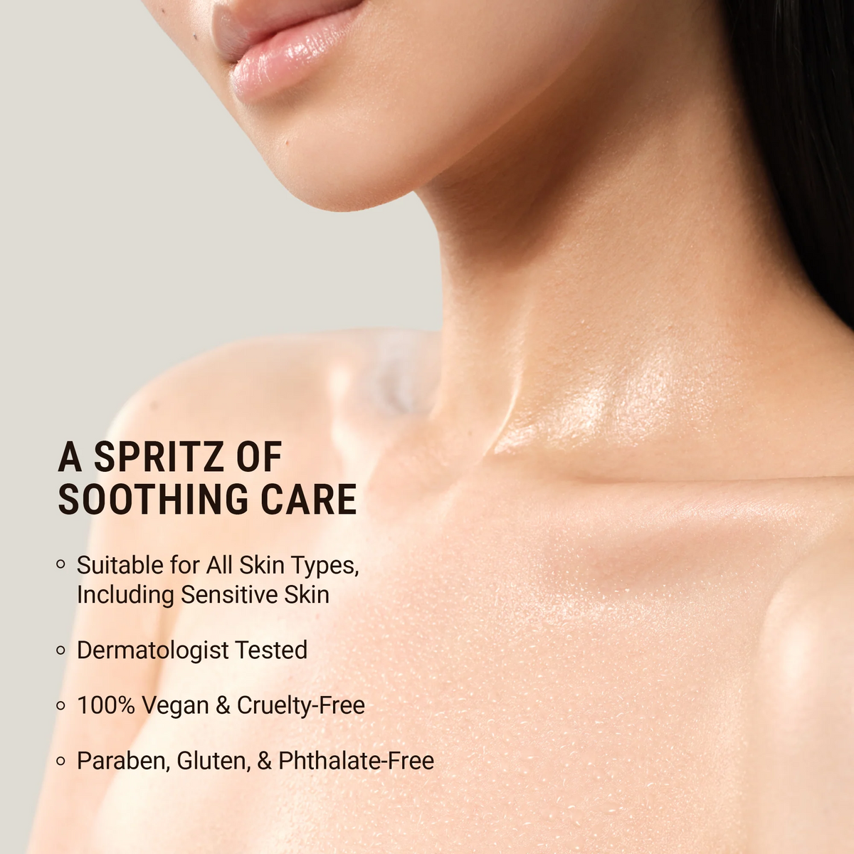 Close-up of a person's neck with text about soothing care product