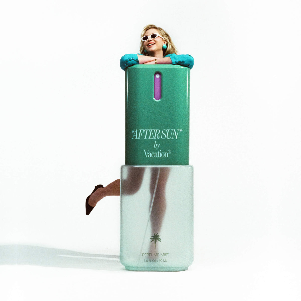 Large bottle labeled 'After Sun by Vacation' with a person inside on a white background