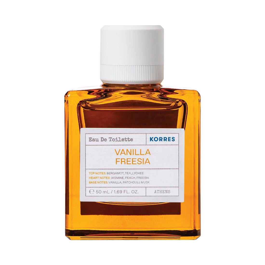 Korres Vanilla Freesia perfume bottle on a white background