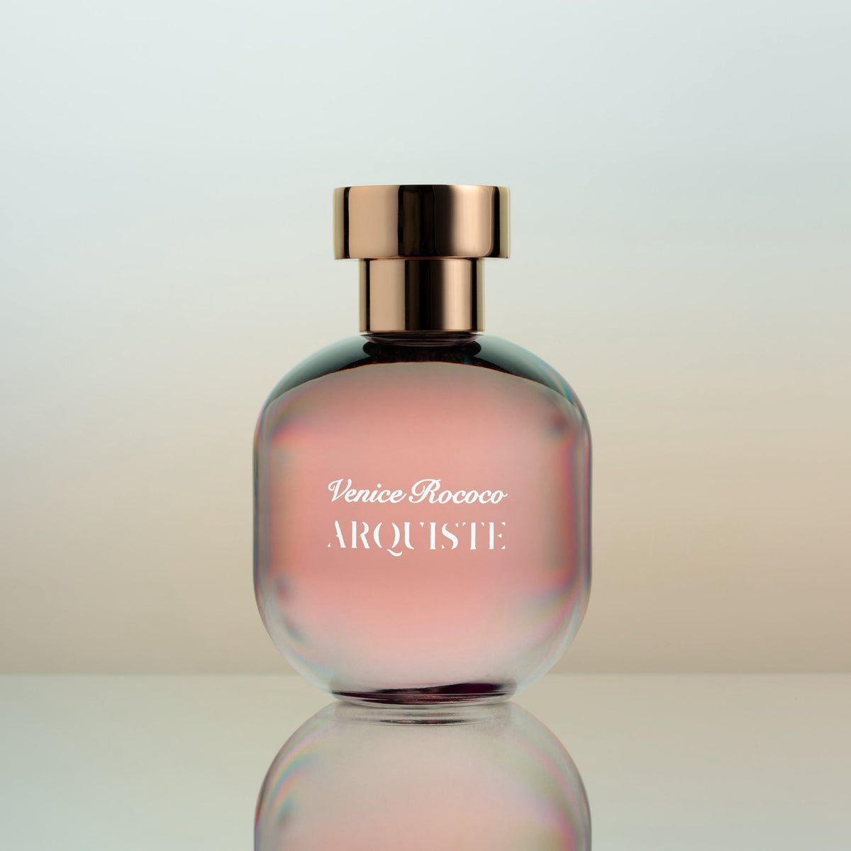 A bottle of Arquiste Venice Rococo perfume in front of a plain background