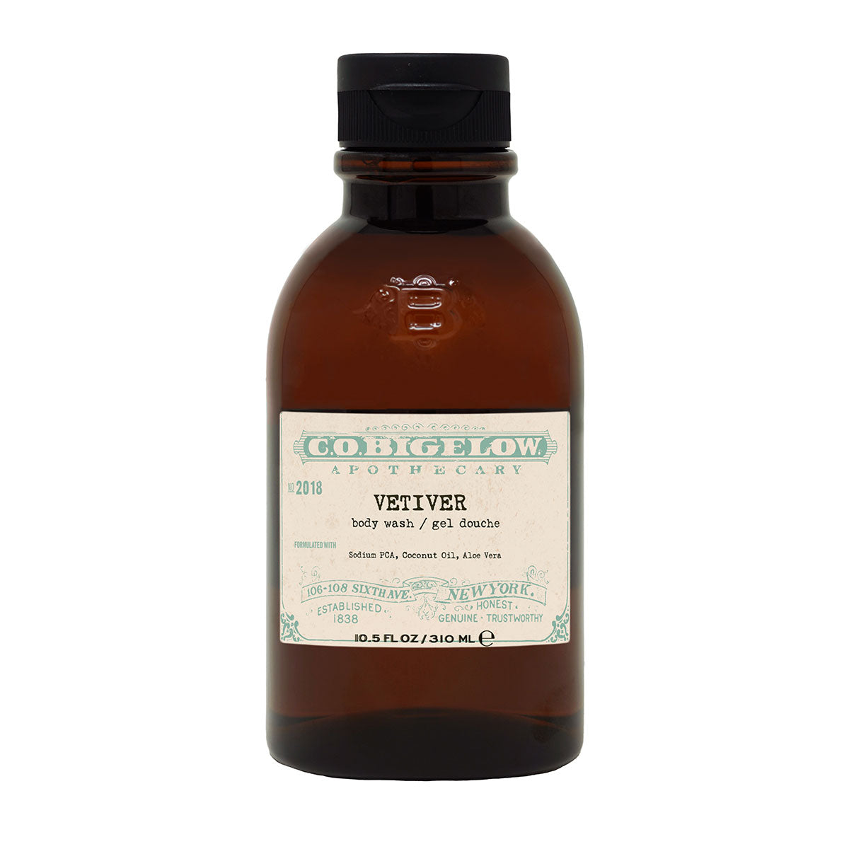 C.O. Bigelow Iconic Collection - Vetiver Body Wash No. 2018 in an amber bottle in front of a white background.