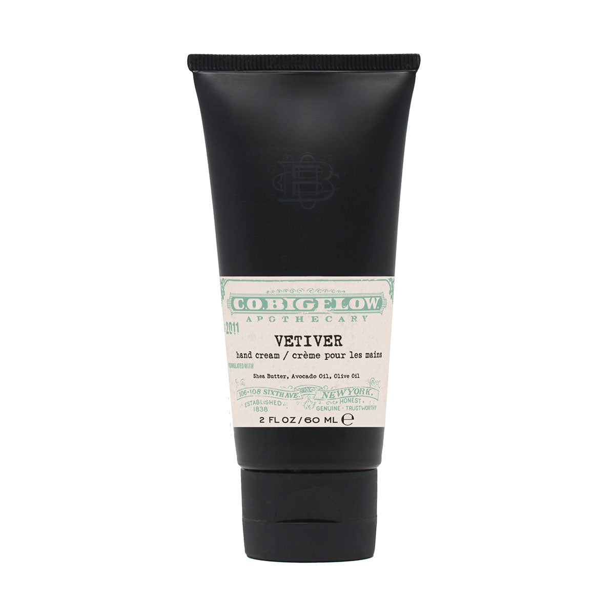 C.O. Bigelow Iconic Collection - Vetiver Hand Cream No. 2011 in a black tube in front of a white background.