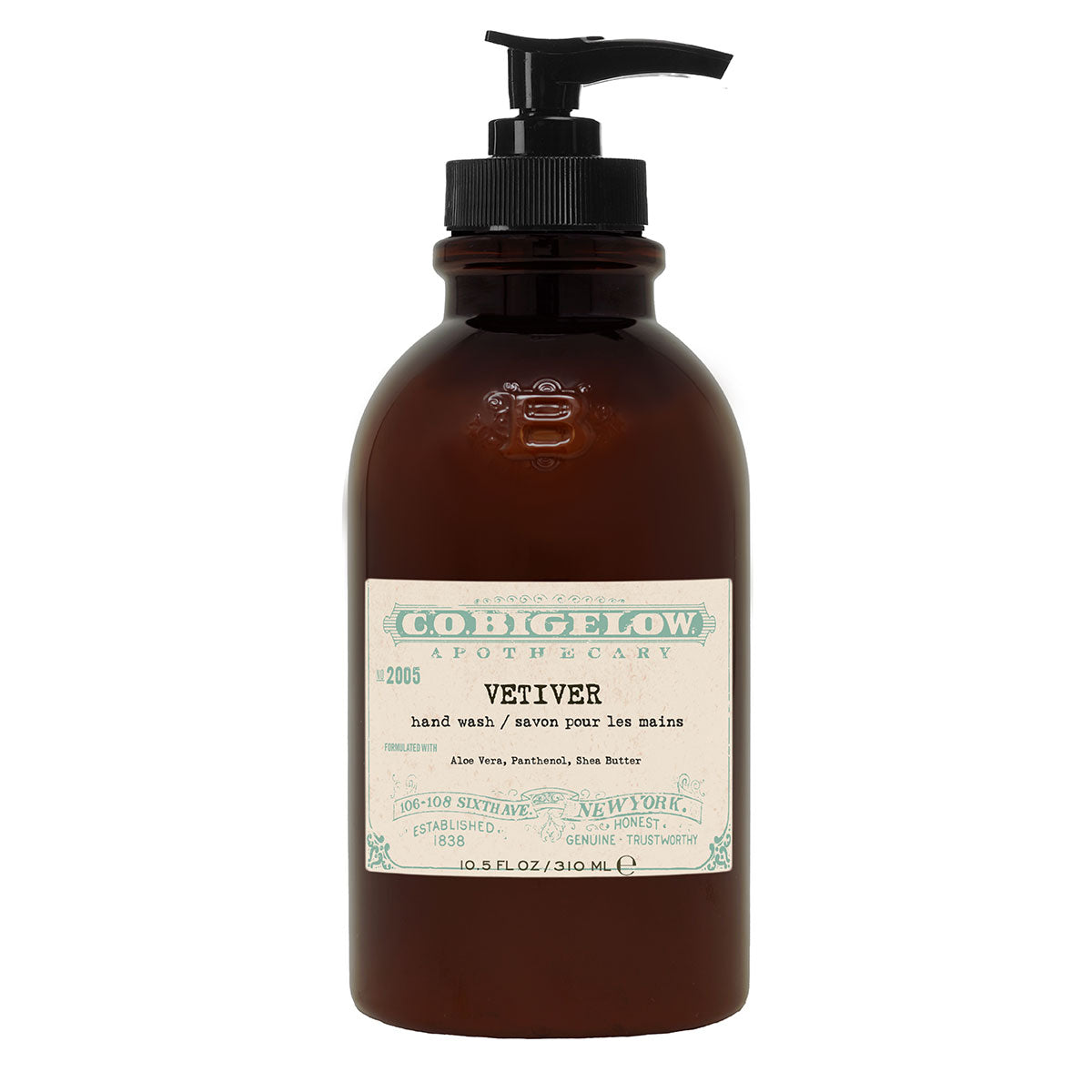 C.O. Bigelow Iconic Collection - Vetiver Hand Wash No. 2005 in an amber pump bottle in front of a white background. 