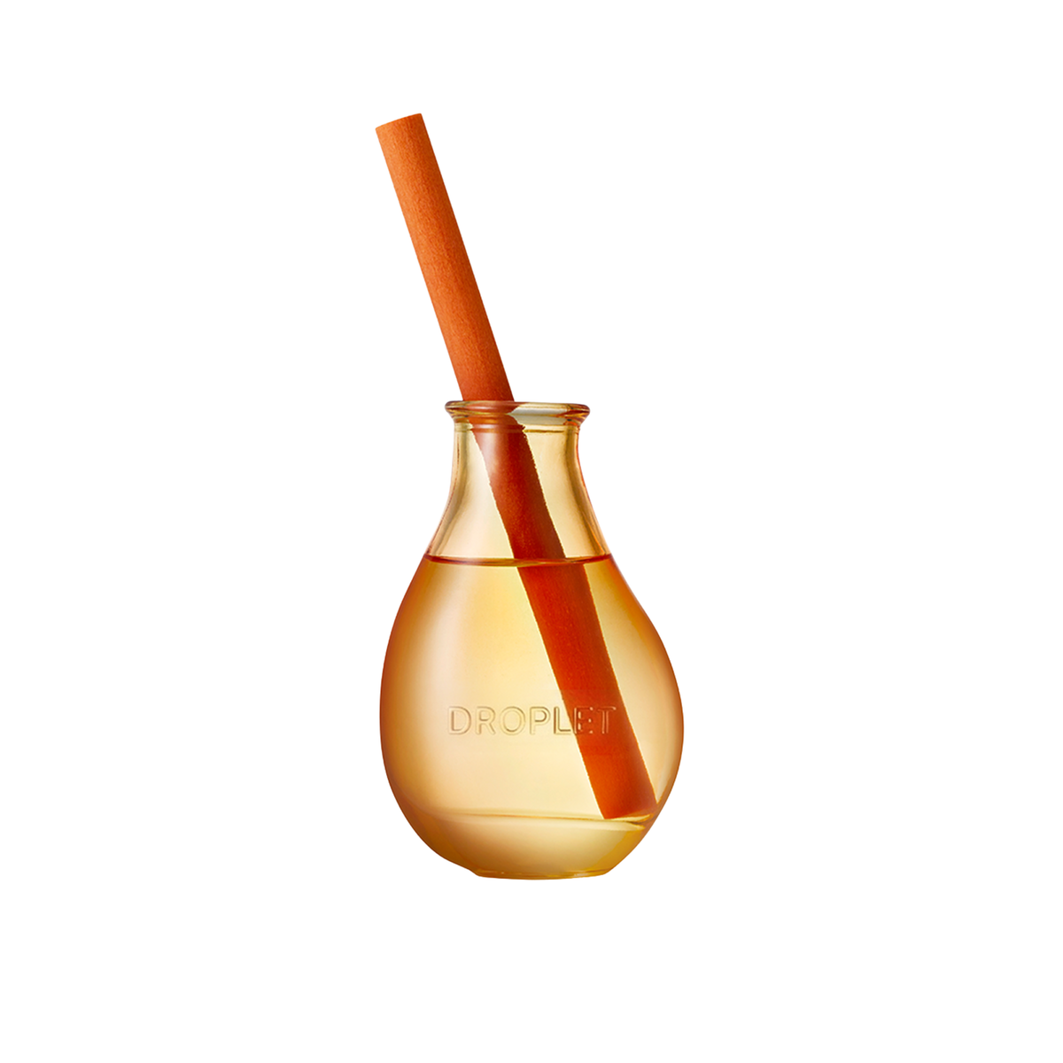 A clear teardrop-shaped droplet bottle filled with amber liquid, with an orange rolled paper strip inserted as a wick or filter, on a plain white background. The bottle is embossed with the brand name DROPLET.
