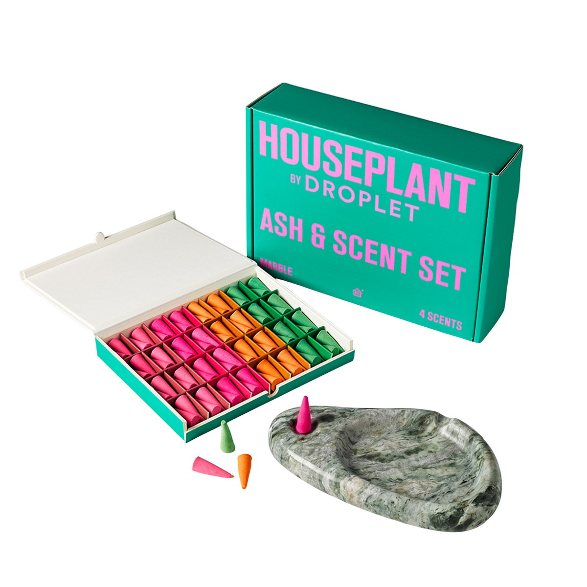 Houseplant by Droplet Ash & Scent Set featuring a teal box, an open box with colorful scented ash pieces, and a green marble tray on a white background.