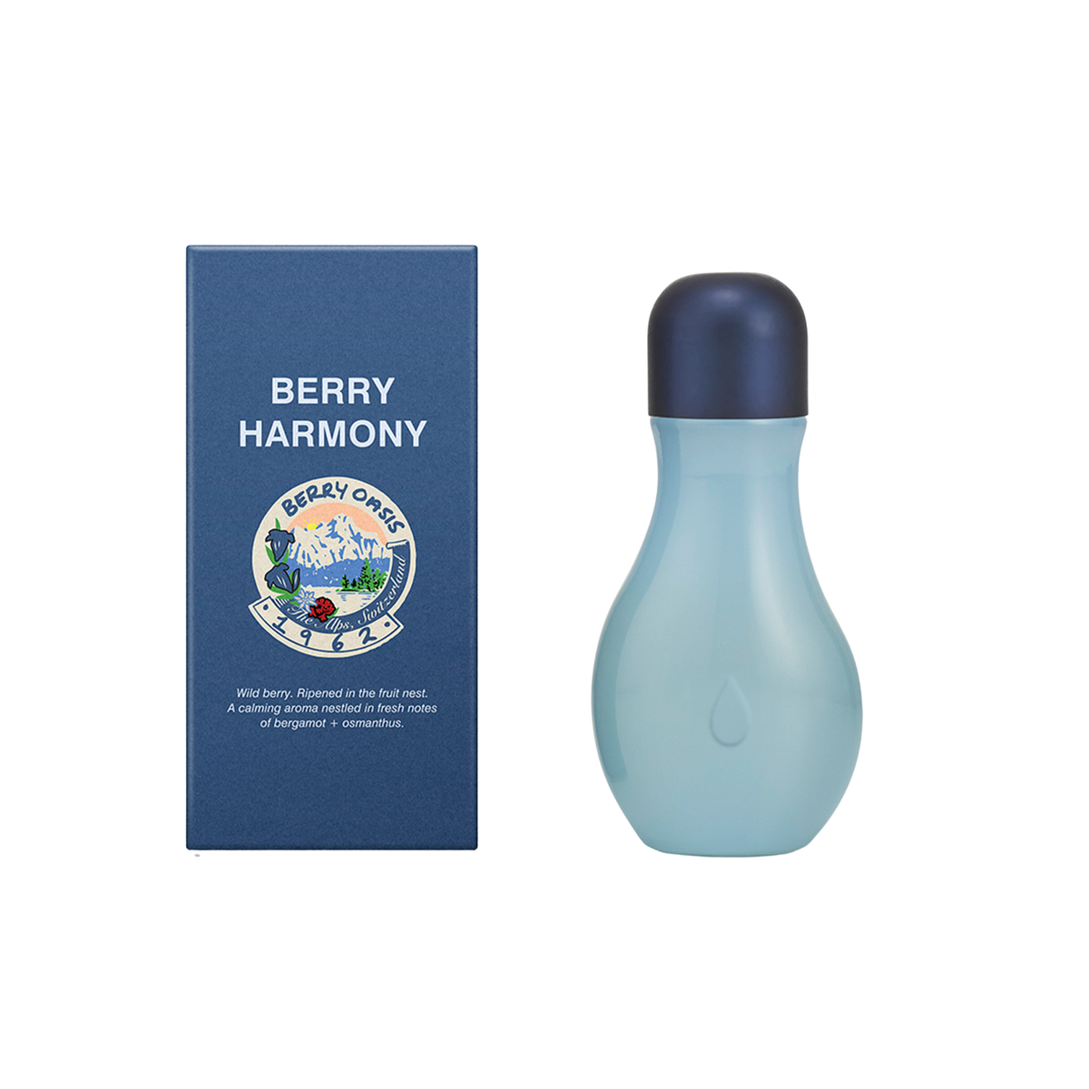 Berry Harmony fragrance shown with its blue box and bottle. The bottle is a frosted light blue with a dark navy cap, and the box features the product name and a scenic mountain logo.