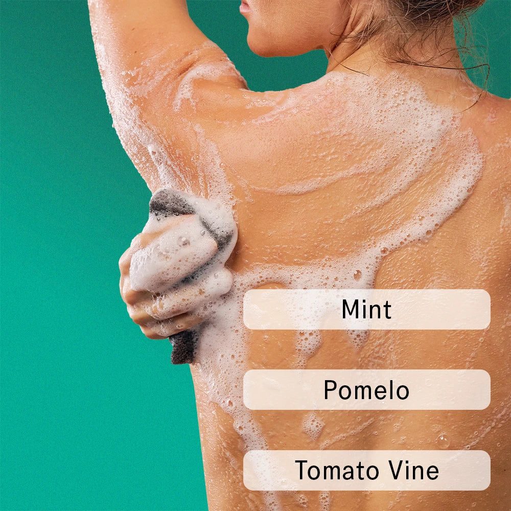 Woman using sponge to lather on sudsy body wash. Text over laid on image reads "Mint, Pomelo, and Tomato Vine."