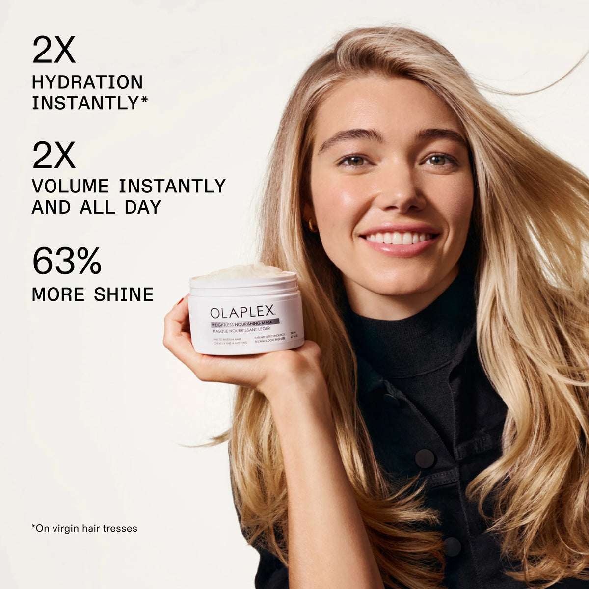 Woman holding a jar of Olaplex with product benefits text on a white background