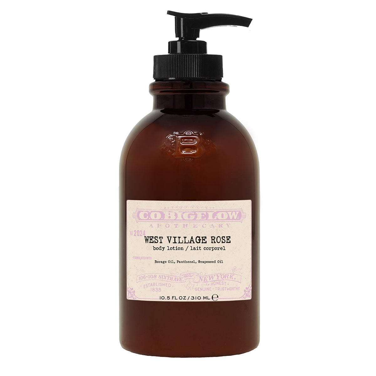 C.O. Bigelow Iconic Collection - West Village Rose Body Lotion No. 2024 in an amber pump bottle in front of a white background. 